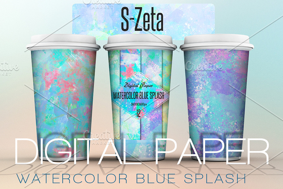 Watercolor blue splash-digital paper in Patterns - product preview 8