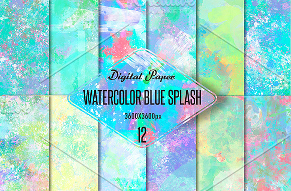 Watercolor blue splash-digital paper in Patterns - product preview 1