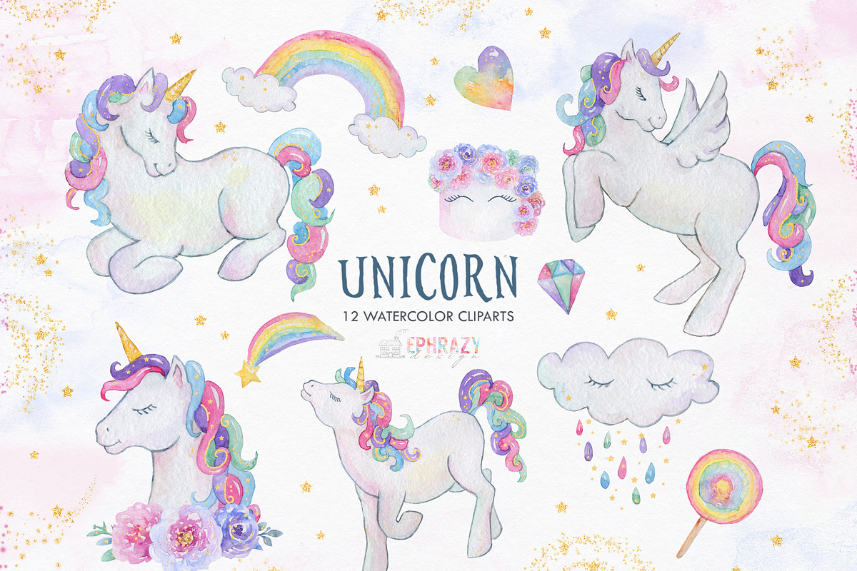 Unicorn clipart. Watercolor in Illustrations - product preview 8