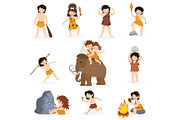 Caveman kids vector primitive children character and prehistoric child with stoned weapon on mammoth illustration set of ancient boy or girl in stone age isolated on white background