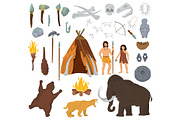 Primitive people vector mammoth and ancient caveman character in stone age cave illustration prehistoric man with stoned weapon and flame set isolated on white background