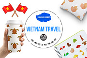 Vietnam travel icons set, cartoon 