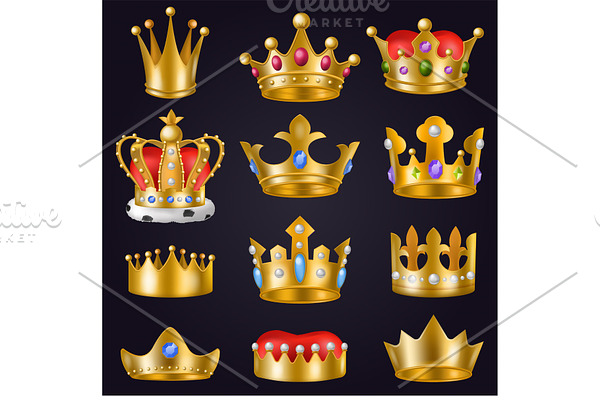 Crown vector golden royal jewelry symbol of king queen and princess illustration sign of crowning prince authority and crown jeweles set isolated on background