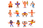 Wrestler vector masked man character and masking luchador in wrestling fight illustration set of wrestle sportsman in costume isolated on white background