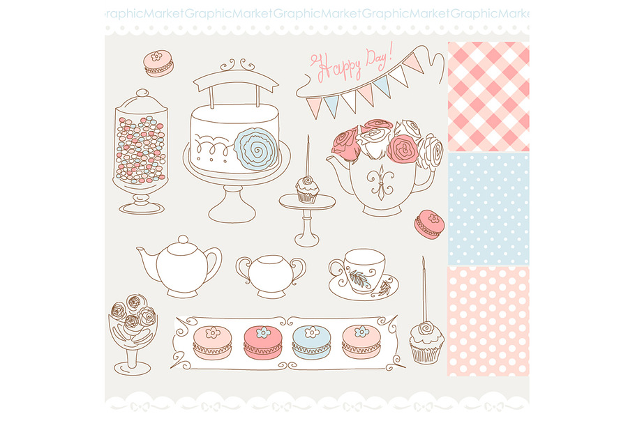 Hand Drawn Cake, tea party, macron