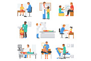 Doctor and patient vector medical character examining childrens health in professional clinic office illustration set of doctor-patient relationship with kids isolated on white background