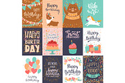 Happy birthday card vector anniversary greeting postcard with lettering and kids birth party invitation with cake or gifts illustration set of childs postal cards for typography