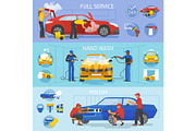 Car wash vector car-washing service with people cleaning auto or vehicle illustration set of car-wash and characters washers or cleaners polishing automobile isolated on white background