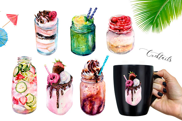 Watercolor clipart. Summer Cocktails in Illustrations - product preview 1