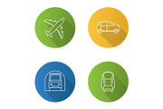 Public transport flat linear long shadow icons set