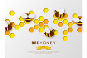 Paper cut style bee with honeycombs. Template design for beekiping and honey product. White background, vector illustration.
