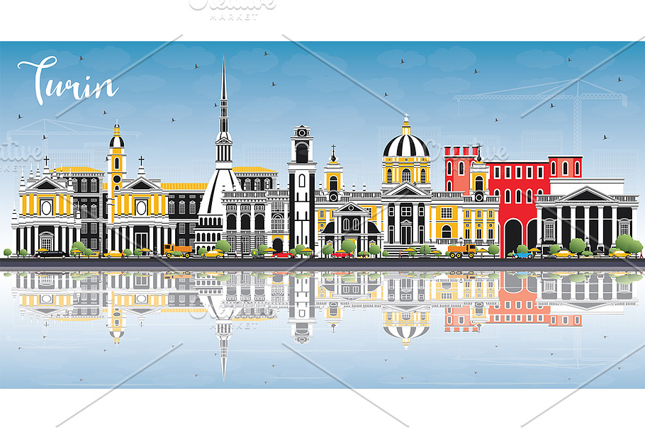 Turin Italy City Skyline with Color  in Illustrations - product preview 8