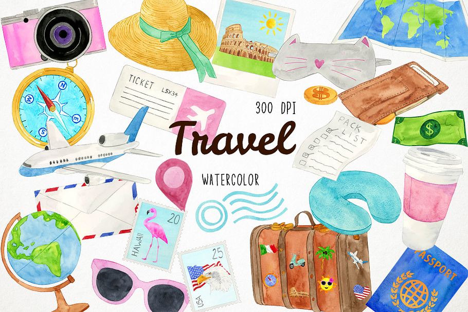 Watercolor Travel Clipart in Illustrations - product preview 8