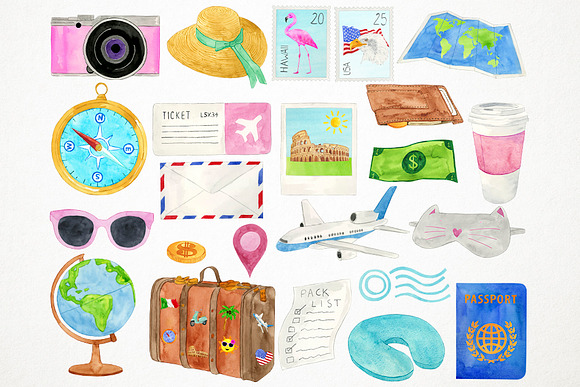 Watercolor Travel Clipart in Illustrations - product preview 1