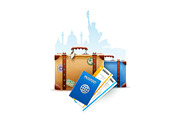 Retro suitcases, passport and airline