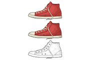 Retro red sneakers. Vintage color engraving
