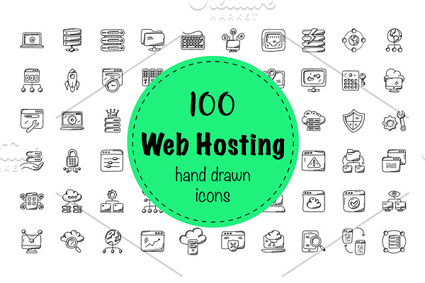 100 Web Hosting Doodle Icons