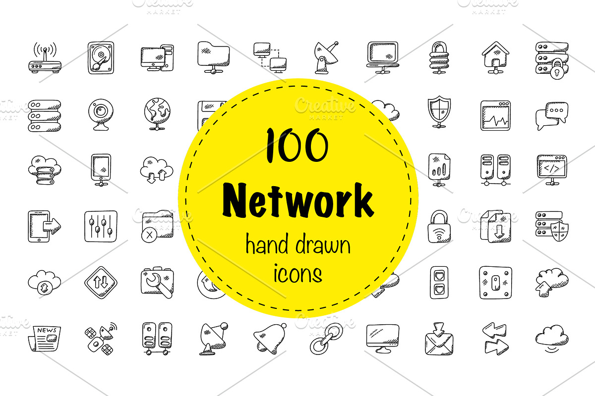 100 Network Doodle Icons in Graphics - product preview 8