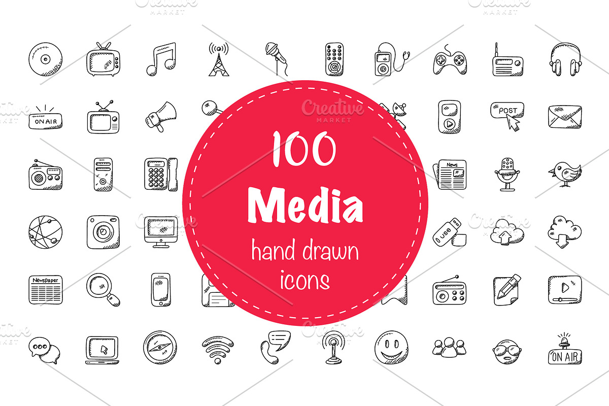 100 Media Doodle Icons in Graphics - product preview 8