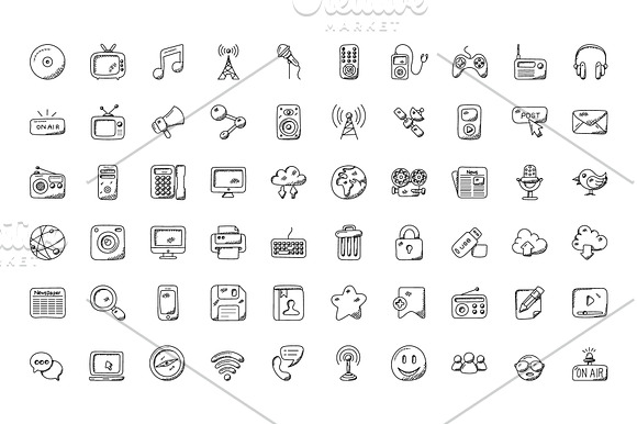 100 Media Doodle Icons in Graphics - product preview 1