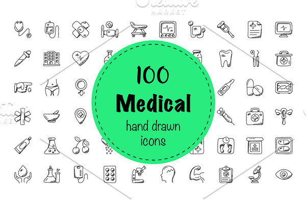 100 Medical and Health Doodle Icons
