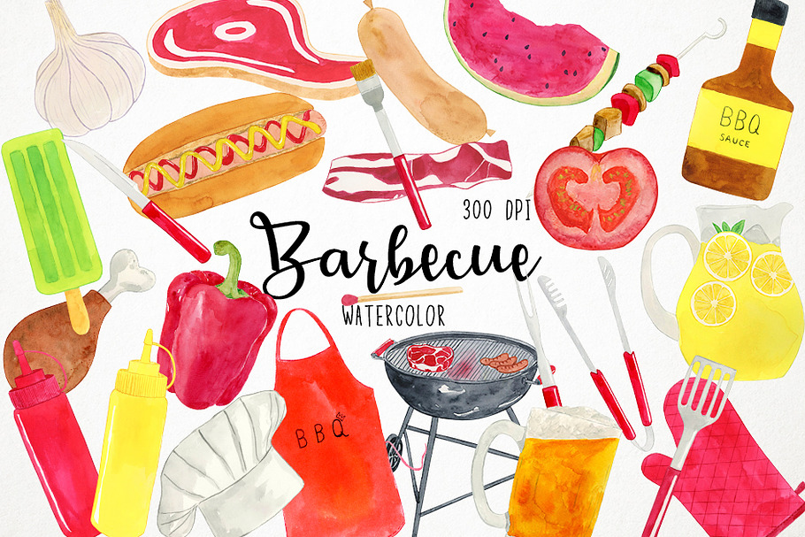 Watercolor BBQ Clipart in Illustrations - product preview 8