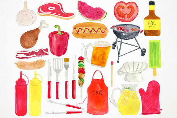 Watercolor BBQ Clipart in Illustrations - product preview 1