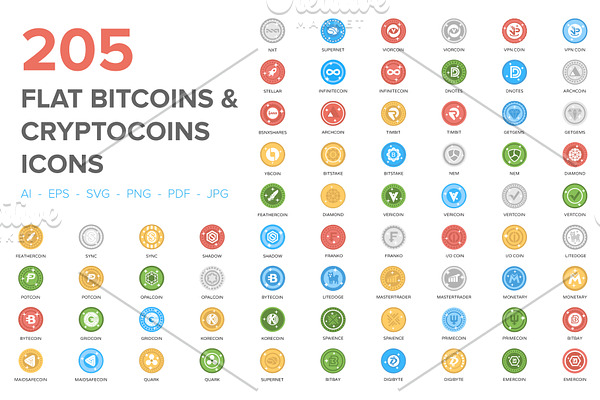 205 Bitcoin and Cryptocurrency Icons