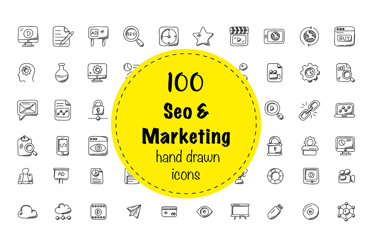 100 Seo and Marketing Doodle Icons in Graphics - product preview 8