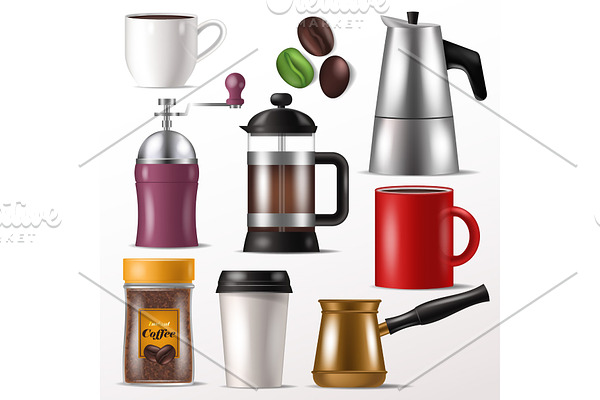 Coffee cup vector mug for hot espresso and beverages with caffeine in coffeeshop illustration set of coffee-grinder for beans or french press isolated on white background