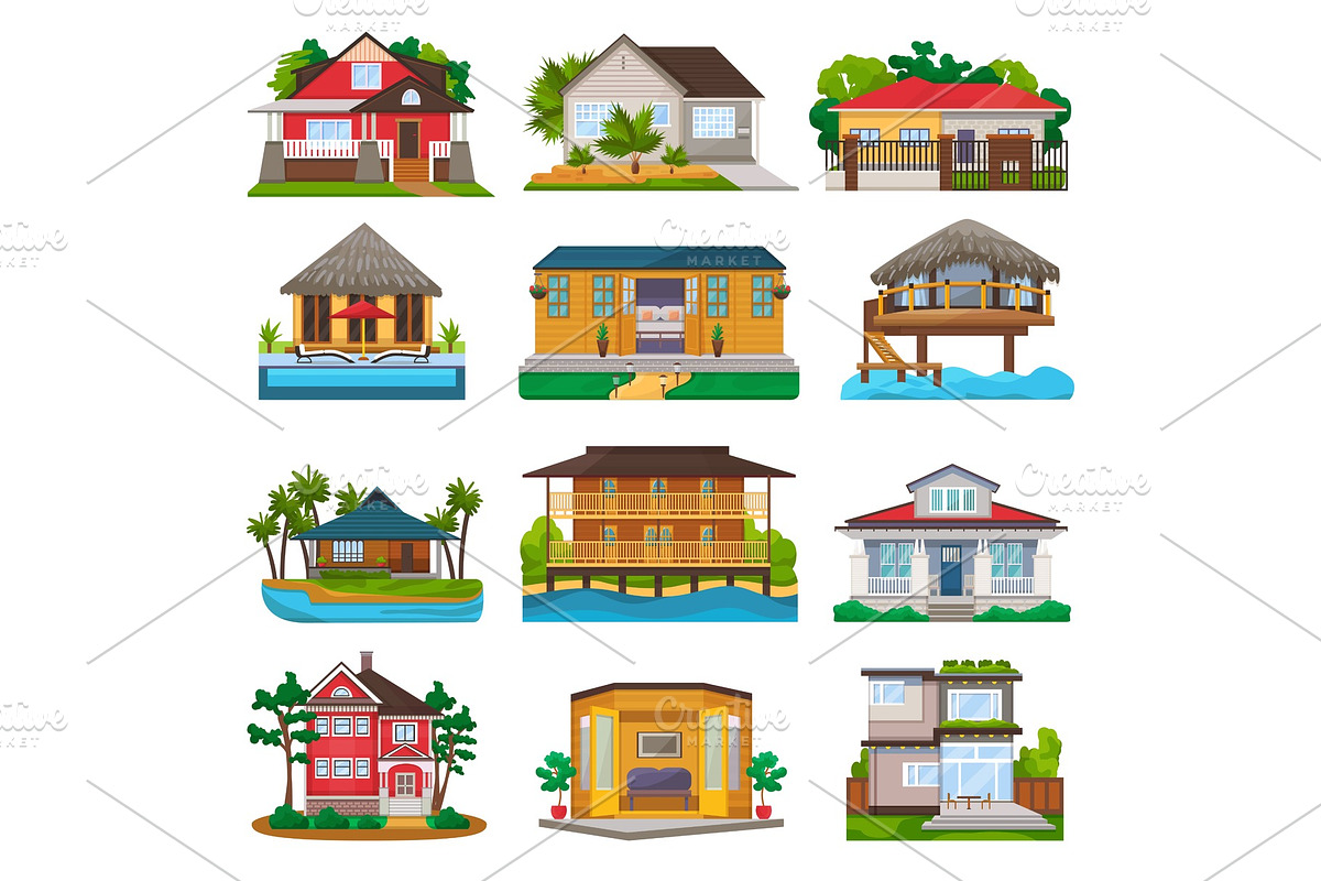 Villa vector facade of house building and tropical resort hotel on ocean beach in paradise illustration set of bungalow in village isolated on white background in Objects - product preview 8