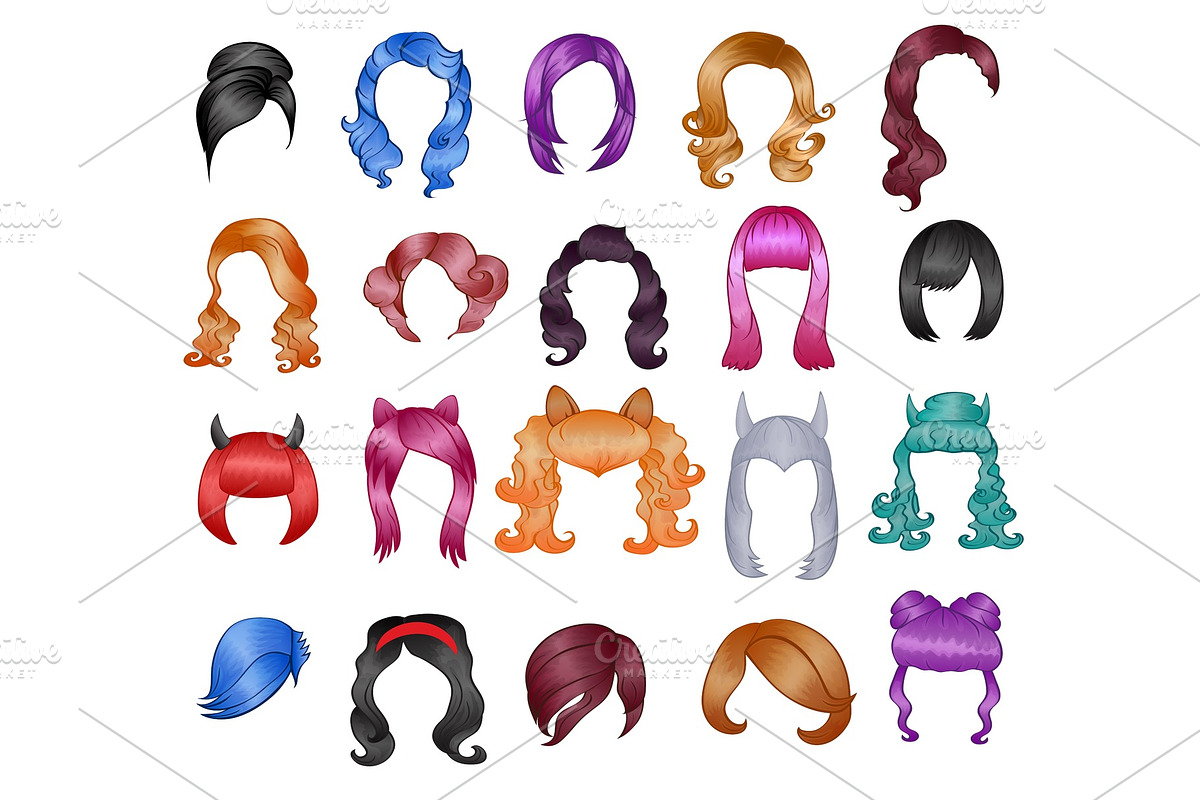 Woman hairstyle wigs vector halloween haircut and female fake hair style or bobwig illustration hairdressing or haircutting with coloration for carnival isolated on white background in Illustrations - product preview 8