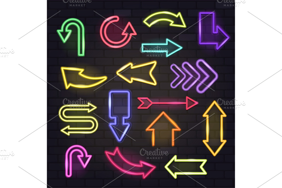 Neon arrow vector glowing arrows and illuminated arrowheads directions illustration set of cursed pointer design of different colors up down isolated on background in Objects - product preview 8