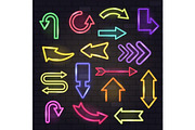 Neon arrow vector glowing arrows and illuminated arrowheads directions illustration set of cursed pointer design of different colors up down isolated on background