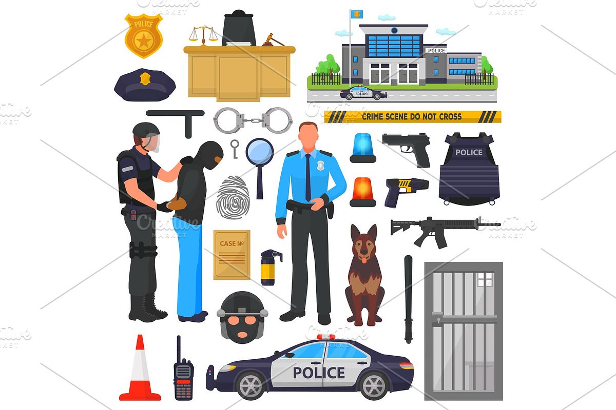 Police vector policeman character and policeofficer in bulletproof vest with handcuffs in police-office illustration set of or policy signs and police car isolated on background in Illustrations - product preview 8