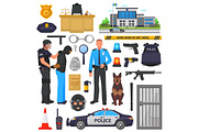 Police vector policeman character and policeofficer in bulletproof vest with handcuffs in police-office illustration set of or policy signs and police car isolated on background