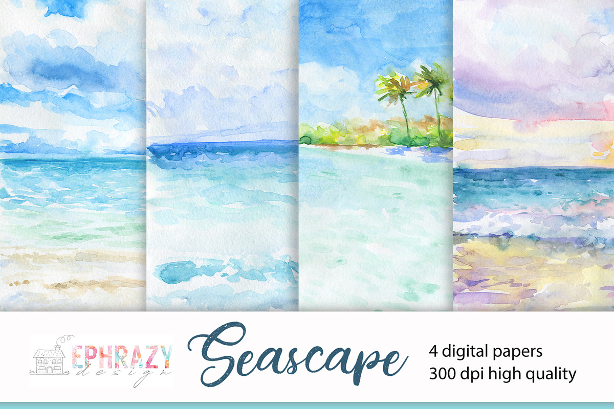 Seascape. Watercolor digital paper in Illustrations - product preview 8