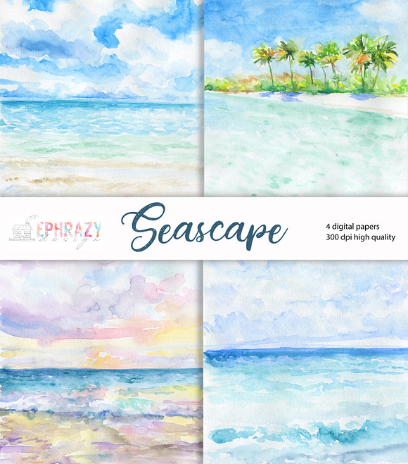 Seascape. Watercolor digital paper in Illustrations - product preview 1
