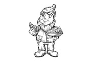 Gnome with croissant engraving vector illustration