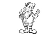 Gnome with ice cream engraving vector illustration