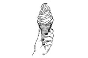 Ice cream in hand engraving vector illustration