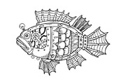 Mechanical fish animal engraving vector