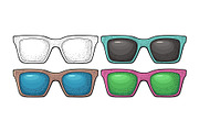 Collection of different color of retro sunglasses. Vintage vector engraving