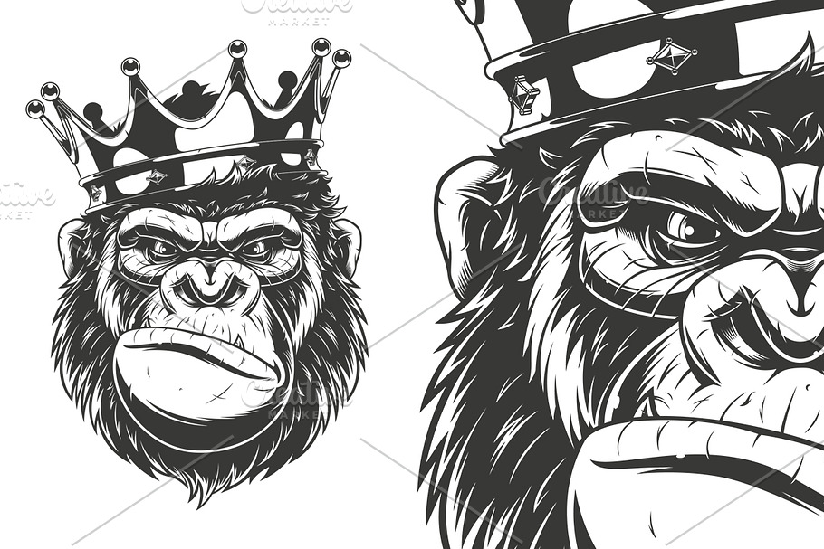 Ferocious gorilla head on with crow in Illustrations - product preview 8