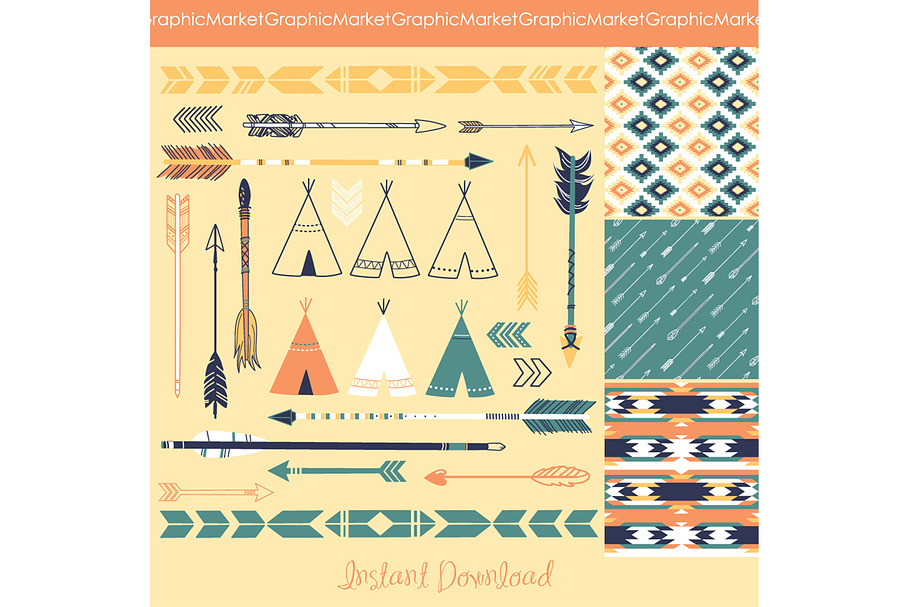 Arrows, Teepee Tents, tribal papers