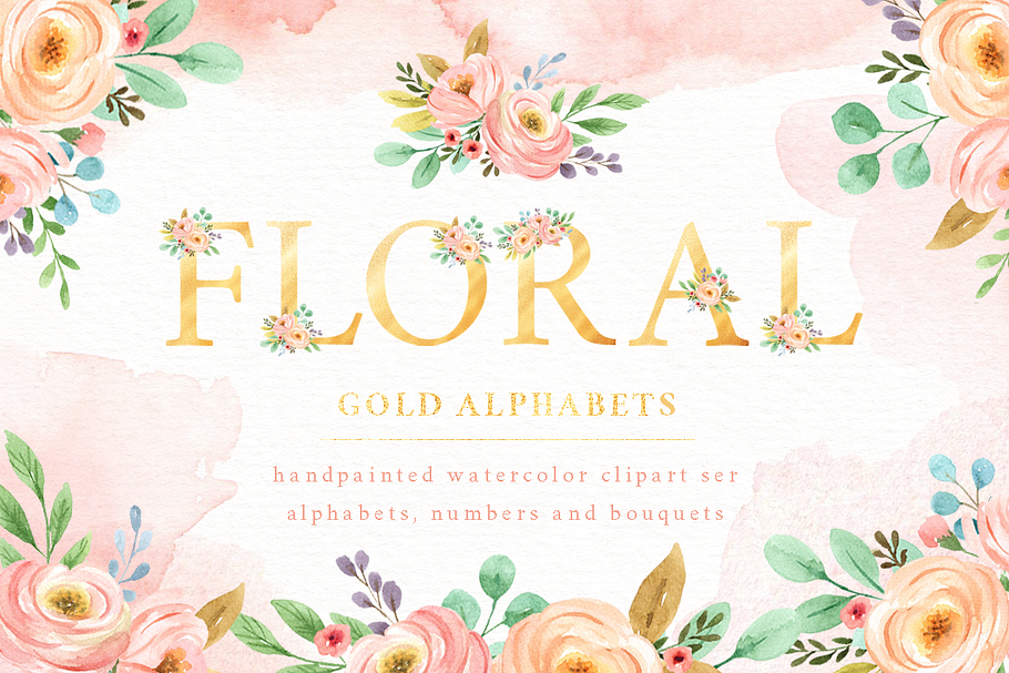 Floral Gold Alphabet Watercolor Set in Illustrations - product preview 8