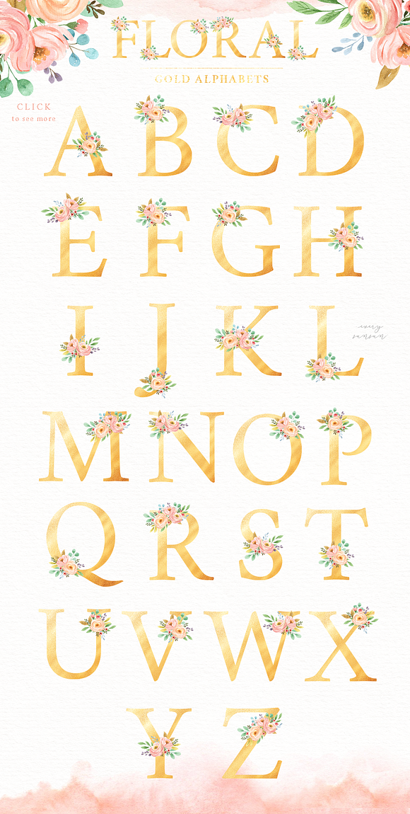 Floral Gold Alphabet Watercolor Set in Illustrations - product preview 1