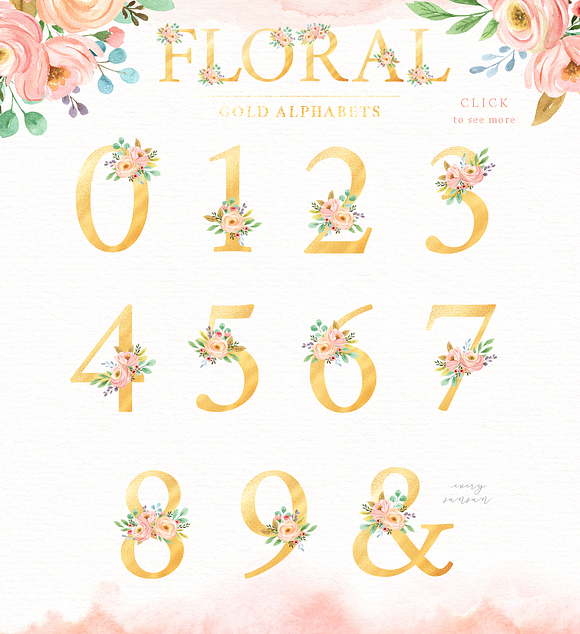 Floral Gold Alphabet Watercolor Set in Illustrations - product preview 2