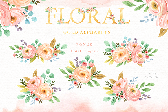 Floral Gold Alphabet Watercolor Set in Illustrations - product preview 3