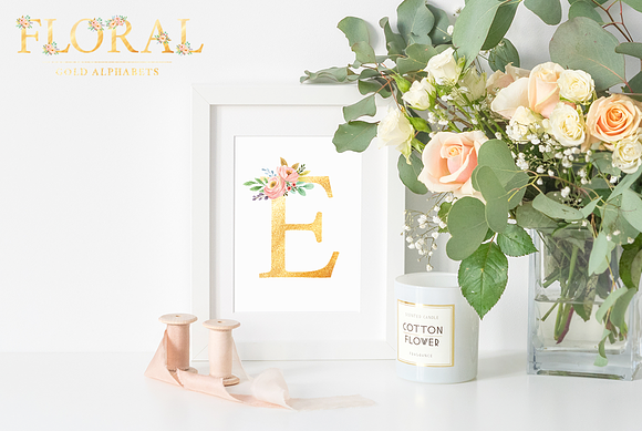 Floral Gold Alphabet Watercolor Set in Illustrations - product preview 4